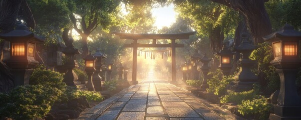 Obraz premium Serene Japanese shrine with morning sunlight illuminating the path through traditional torii gate and lanterns
