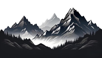 Flat Design Mountain and forest Silhouettes - A collection of black mountain icons in a flat design style isolated. Graphic art illustration
