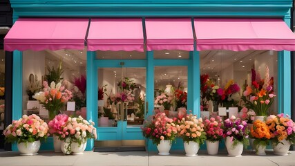 An elegant flower shop brimming with vibrant, fresh blooms. The storefront is adorned with cascading floral arrangements, and inside, the shop is filled with a variety of colorful flowers in beautiful