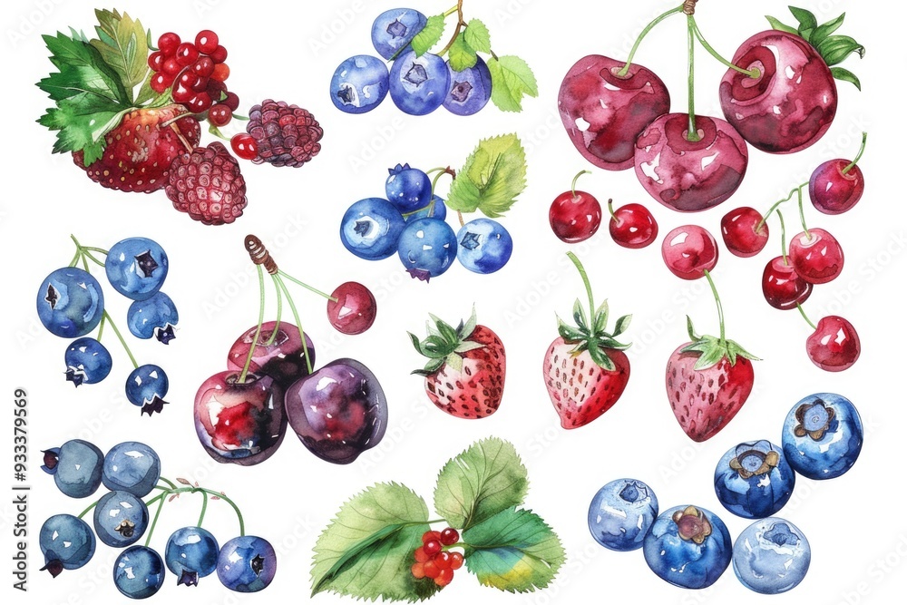 Poster a still life image of painted berries on a white background, perfect for use in designs related to f