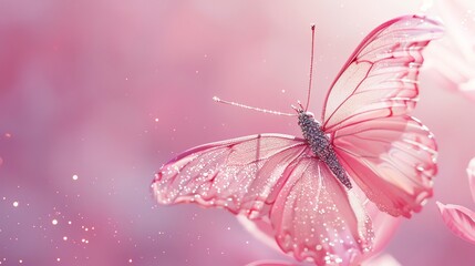 Obraz premium A sparkling pink butterfly with a blurred pink background.