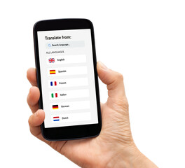 Hand holding a black smart phone with language translator app concept on screen. Isolated on white background.