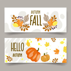 Autumn banner or flyer background template design set with hand drawn themed lettering and autumn elements. Fall templates for Sale, social media, cards, invitations, advertising, web, discount vector