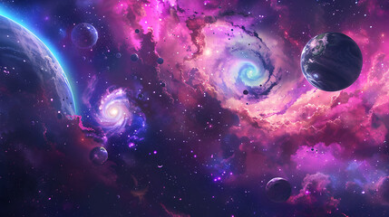 planet and space, galaxies and planets in a colorful cosmic expanse
