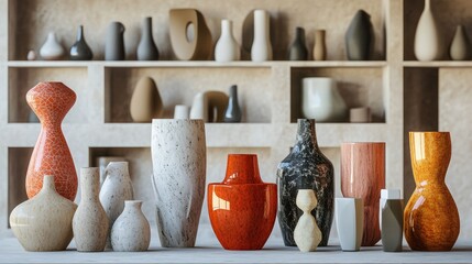 Variety of ceramic vases in different colors and designs on a shelf with a light background.