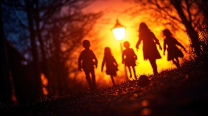 Fototapeta premium Eerie Night: Ghostly Children Playing Under Streetlamp in Desolate Alley - Ultra HD