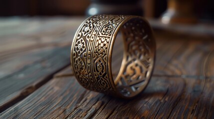 A close-up of a bronze cuff bracelet with intricate patterns, resting on a wooden table