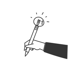 doodle hand holding pen with light bulb symbol for idea brain illustration in hand drawn style