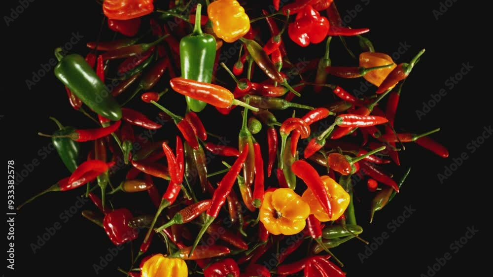 Poster super slow motion of flying and rotating colored chilli peppers on black background. filmed on high 
