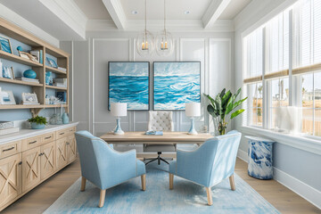 Fototapeta premium Bright coastal-style home office with marine colors