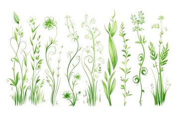 A collection of various green plants and flowers on a white background, ideal for decorative or promotional use