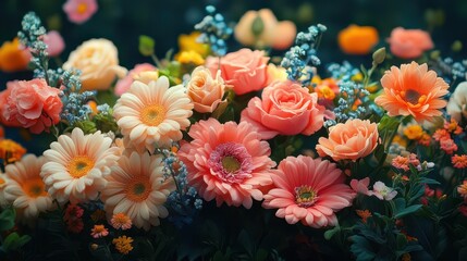 Naklejka premium exuberant floral arrangement explosion of colorful spring blooms delicate petals lush greenery soft focus pastel palette feminine aesthetic