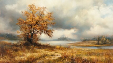 Obraz premium A painting of a tree in the middle of an open field, AI