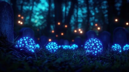 Fototapeta premium Eerie Midnight Graveyard with Glowing Orbs - Spooky Scene with Selective Focus and Copy Space for Text in Ultra HD Resolution