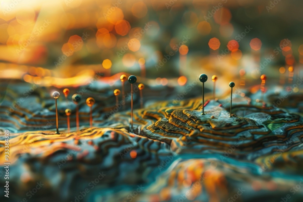 Poster a detailed shot of a map with various locations marked by colorful pins, perfect for highlighting tr