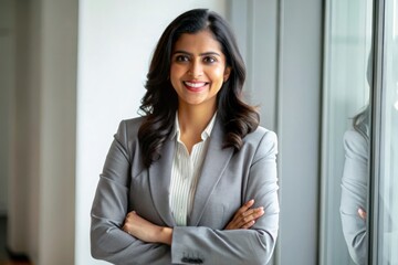 Smiling Indian Businesswoman - A stylish Indian woman with a warm smile, dressed in business attire, in an office environment.
