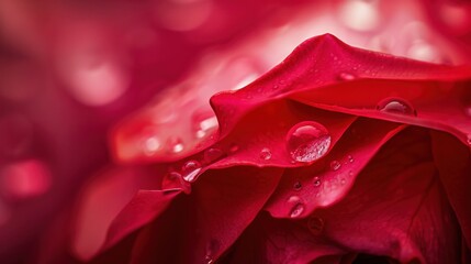 A close-up of a red rose petal with a single dew drop, capturing its delicate beauty
