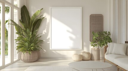 A 3D rendered mockup of a white background frame showcasing a modern and sophisticated Hamptons inspired decor with coastal accents highlighted by natural light creating a light breezy
