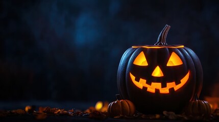 Glowing Pumpkins in Neon Light - Modern Halloween Decor with Dark Background and Copy Space, Selective Focus - Ultra HD