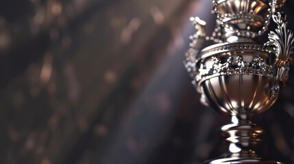 A close-up of a silver trophy on a pedestal, gleaming under the spotlight