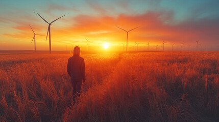 Fototapeta premium large wind turbines in an open landscape, either onshore or offshore, generating clean, sustainable energy