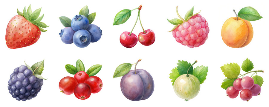 Colorful berries and fruits in a detailed watercolor illustration set. Cute icons of harvest with vibrant colors isolated on transparent background.