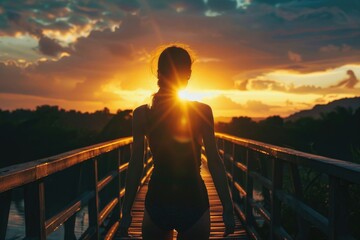 Fototapeta premium A woman stands on a bridge as the sun sets behind her, casting a warm glow