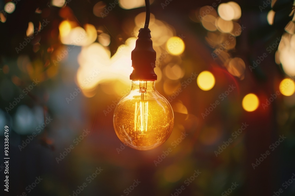 Poster A single light bulb hangs from a tree branch in a natural setting