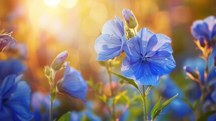 A close-up of an indigo flower in full bloom, glowing under soft sunlight