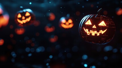 Naklejka premium Futuristic Halloween: Glowing Jack-o'-Lanterns Holograms in Sci-Fi Setting with Copy Space, Selective Focus. Ultra HD Quality.