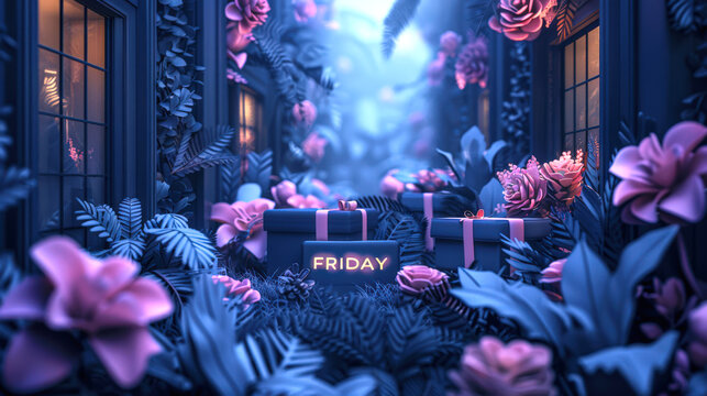 The Black Friday concept. Blue gift boxes with pink bows are surrounded by tropical greenery with pink flowers on a city street at night. The concept of sales and discounts