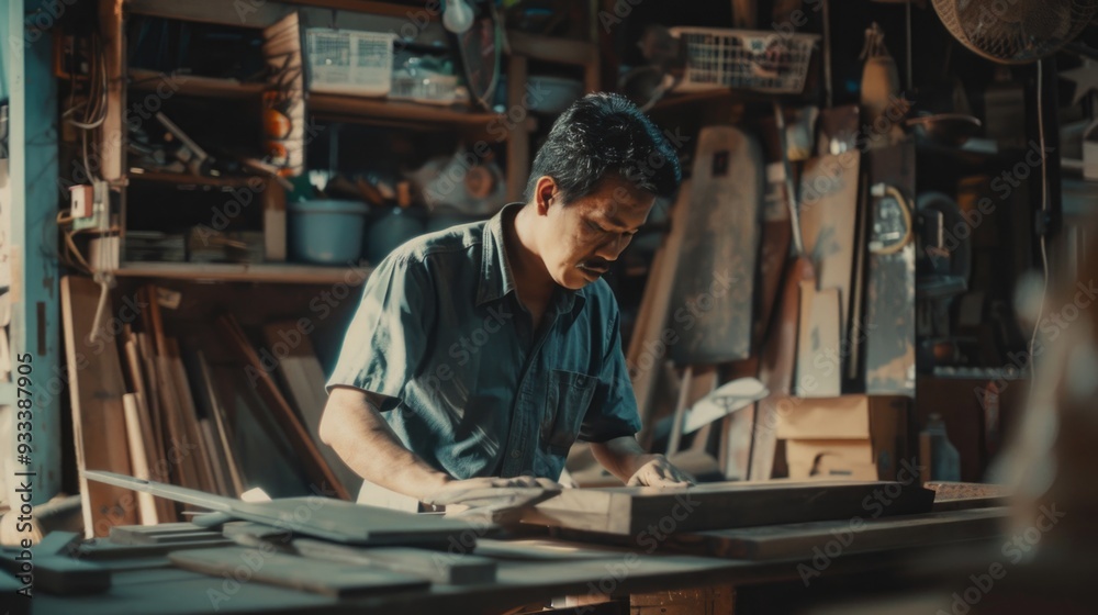 Aufkleber a person works on a wooden project in a well-lit workshop, surrounded by tools and materials