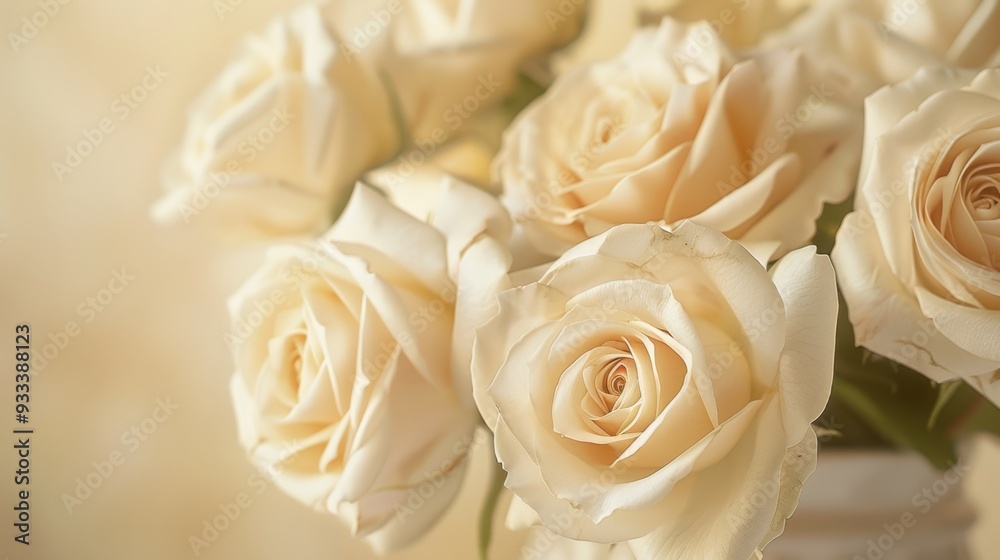 Wall mural a close-up of cream roses in a vase, with soft petals glowing in natural light