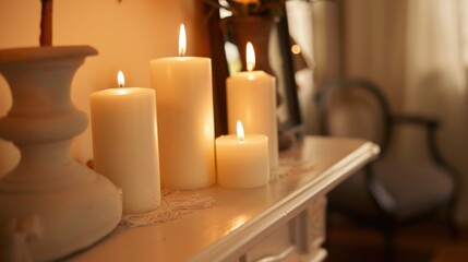 A close-up of cream-colored candles flickering on a mantel, adding a warm glow to the room