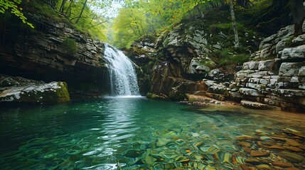 Fototapeta premium Pristine Natural Waterfall in Lush Green Canyon Gorge Eco friendly Adventure Destination