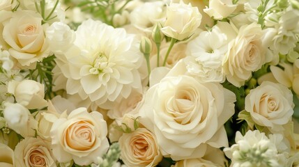 Fototapeta premium A close-up of cream-colored flowers in a bouquet, with soft petals and greenery