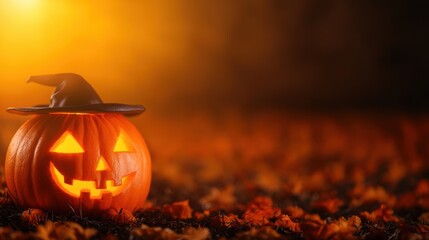 Eerie Glow of Jack-O'-Lanterns: Abstract Halloween Digital Art with Copy Space in Ultra HD