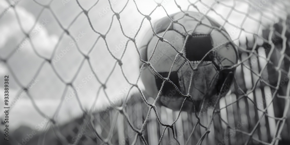 Poster a close-up shot of a soccer ball in black and white, ideal for use in sports or design-related conte