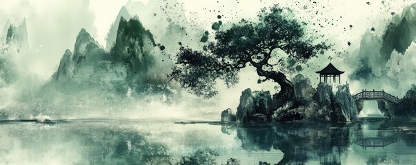 Chinese ink painting of an ancient tree by a serene lake with distant misty mountains and a tranquil pavilion bridge