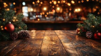 festive product display with a rustic wooden table in the foreground showcasing christmas decorations with a blurred bar or restaurant interior creating a warm golden bokeh background