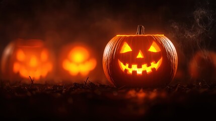 Enchanting Halloween Night with Glowing Pumpkins in Swirling Mist - Ultra HD Copy Space