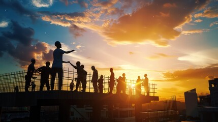 Fototapeta premium Construction Workers Silhouette Against Sunset