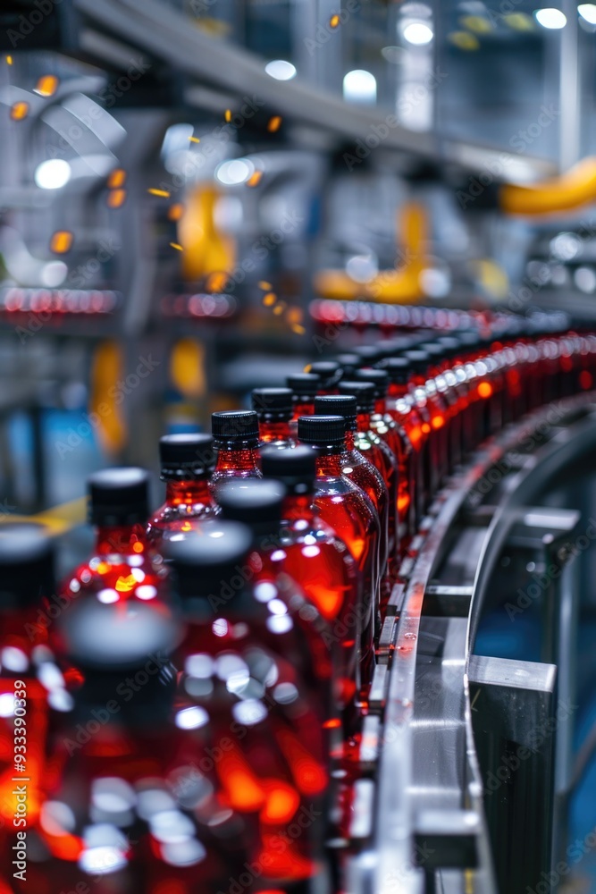Poster a conveyor belt filled with bottles of red liquid, perfect for use in beverage or manufacturing sett