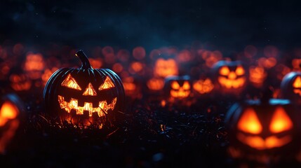 Naklejka premium Futuristic Holographic Jackolanterns Flickering in Ultra HD Halloween Art with Copy Space