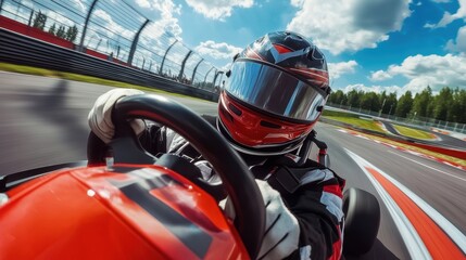 Fototapeta premium Dynamic action shot of a karting driver mastering a high-speed turn, capturing the thrill and excitement of motorsport competition