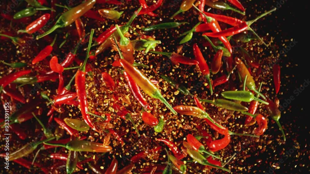 Aufkleber super slow motion of flying and rotating colored chilli peppers with dry chilli powder. black backgr