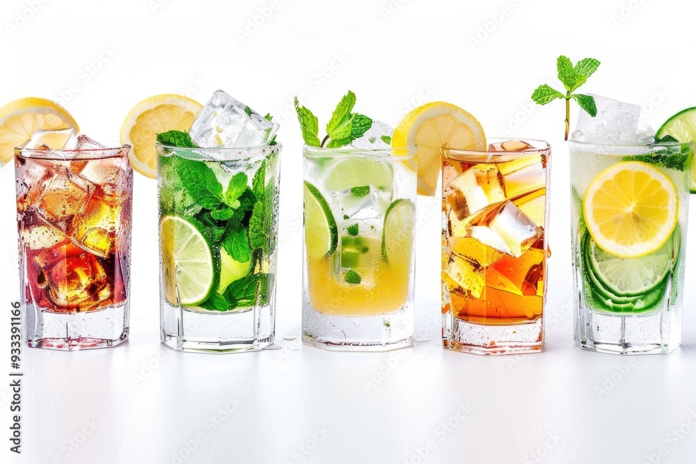 Poster a selection of glasses filled with different beverages