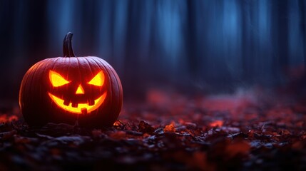 Eerie Halloween Forest Scene with Glowing Pumpkins in Misty Atmosphere, Ultra HD Copy Space Background