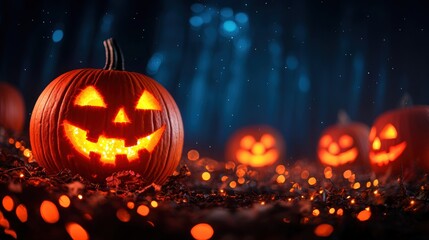 Illuminated Pumpkins in Cosmic Glow - Space-Themed Halloween Scene with Copy Space, Selective Focus in Ultra HD