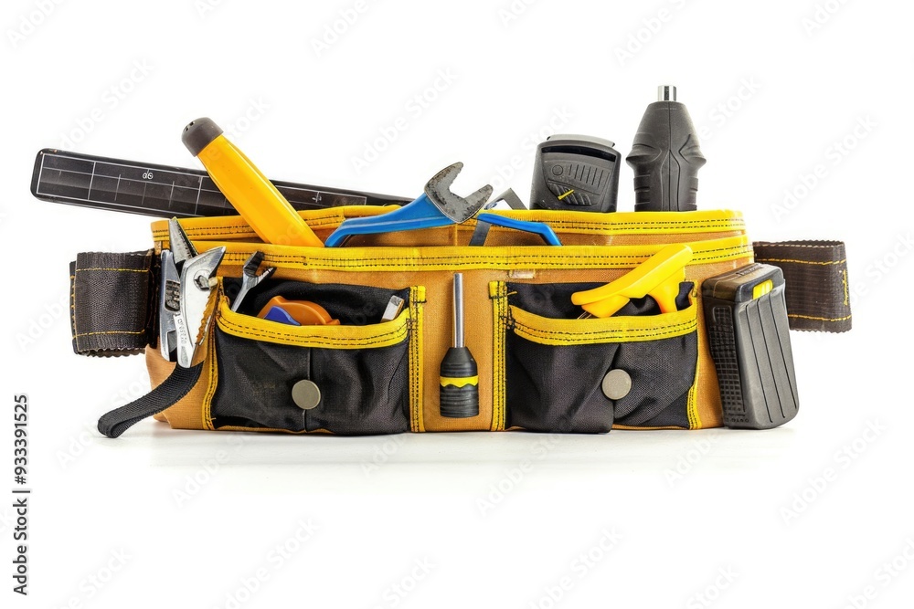 Poster a tool belt filled with various tools on a clean white surface